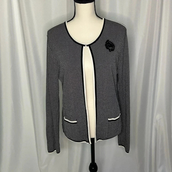 Grace Dane Lewis Sweaters - Grace Dane Lewis Black & White Hook and Eye Closure Cardigan with Flower Accent